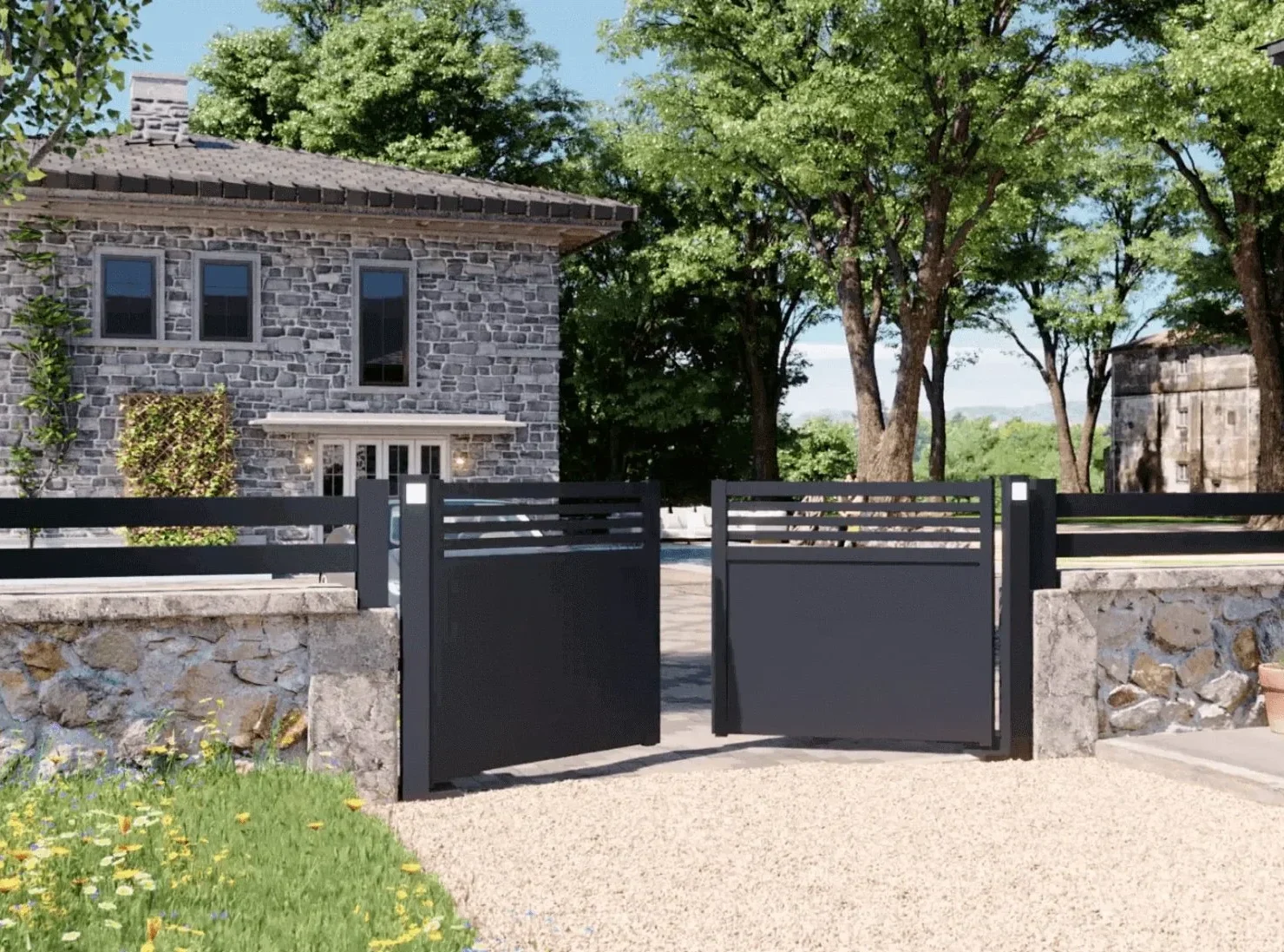 Portail aluminium battant Portail battant motorisé en aluminium - 2 battants à ouverture intérieure ou extérieure